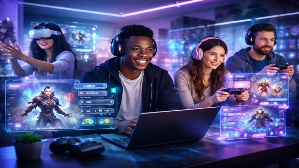 A group of young people wearing headphones and a VR headset play video games together on laptops and controllers, with colorful holographic game interfaces displayed around them.