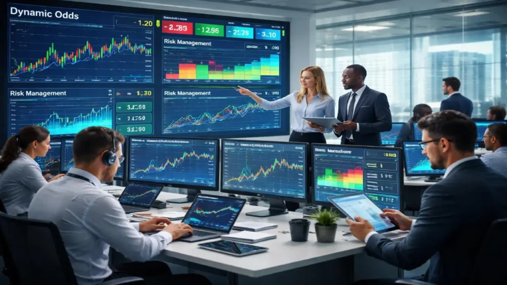 A group of analysts in a modern office review multiple large screens displaying dynamic odds, financial charts, and risk management data while working on laptops and tablets.