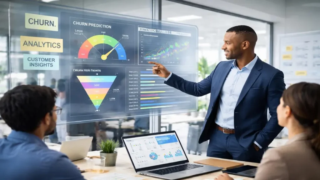 A professional presenting churn analytics on a transparent digital screen, showing charts for churn prediction, customer insights, and retention trends while colleagues observe in a meeting room.