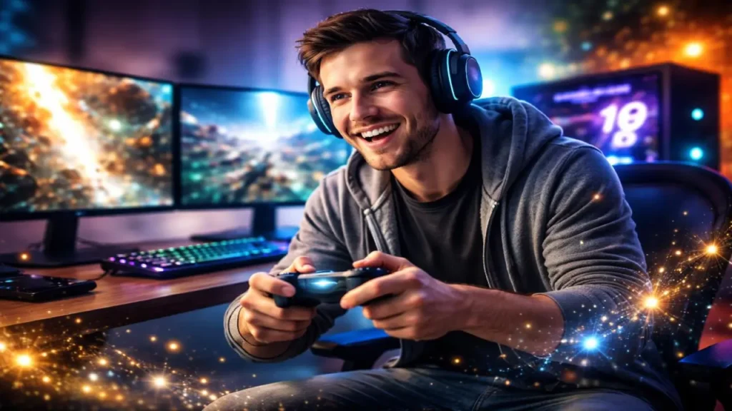 A young man wearing headphones smiles while playing a video game with a controller, sitting at a desk with multiple monitors displaying vibrant gameplay visuals.