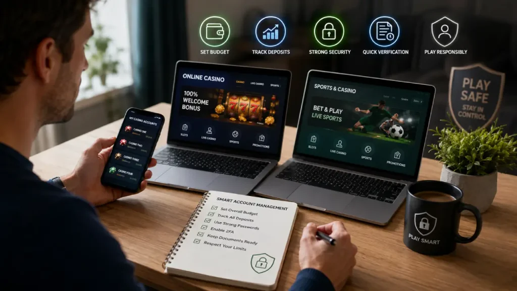 Online casino player managing multiple accounts with budgeting, deposit tracking, strong passwords, two-factor authentication, verification, and responsible gambling controls.