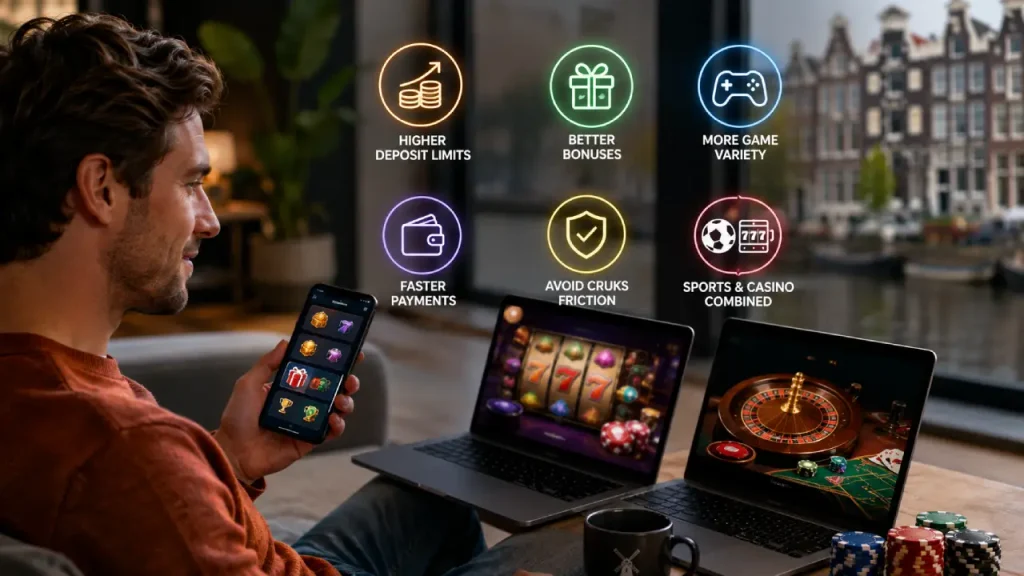 Dutch player comparing multiple online casino accounts on mobile and laptops for better bonuses, higher deposit limits, more games, faster payments, and combined sports and casino options.