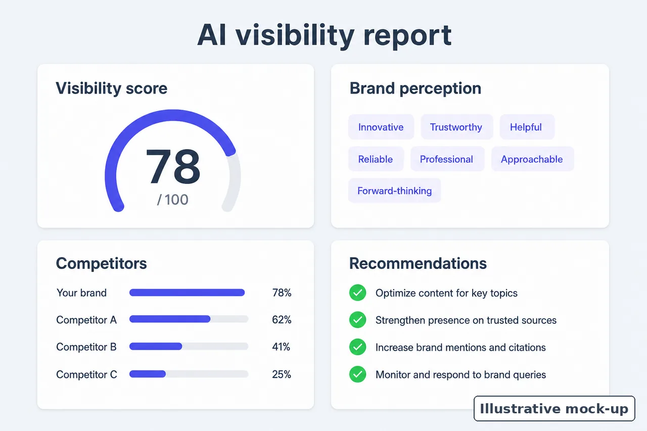 Illustrative AI visibility report mock-up with score, perception and competitors